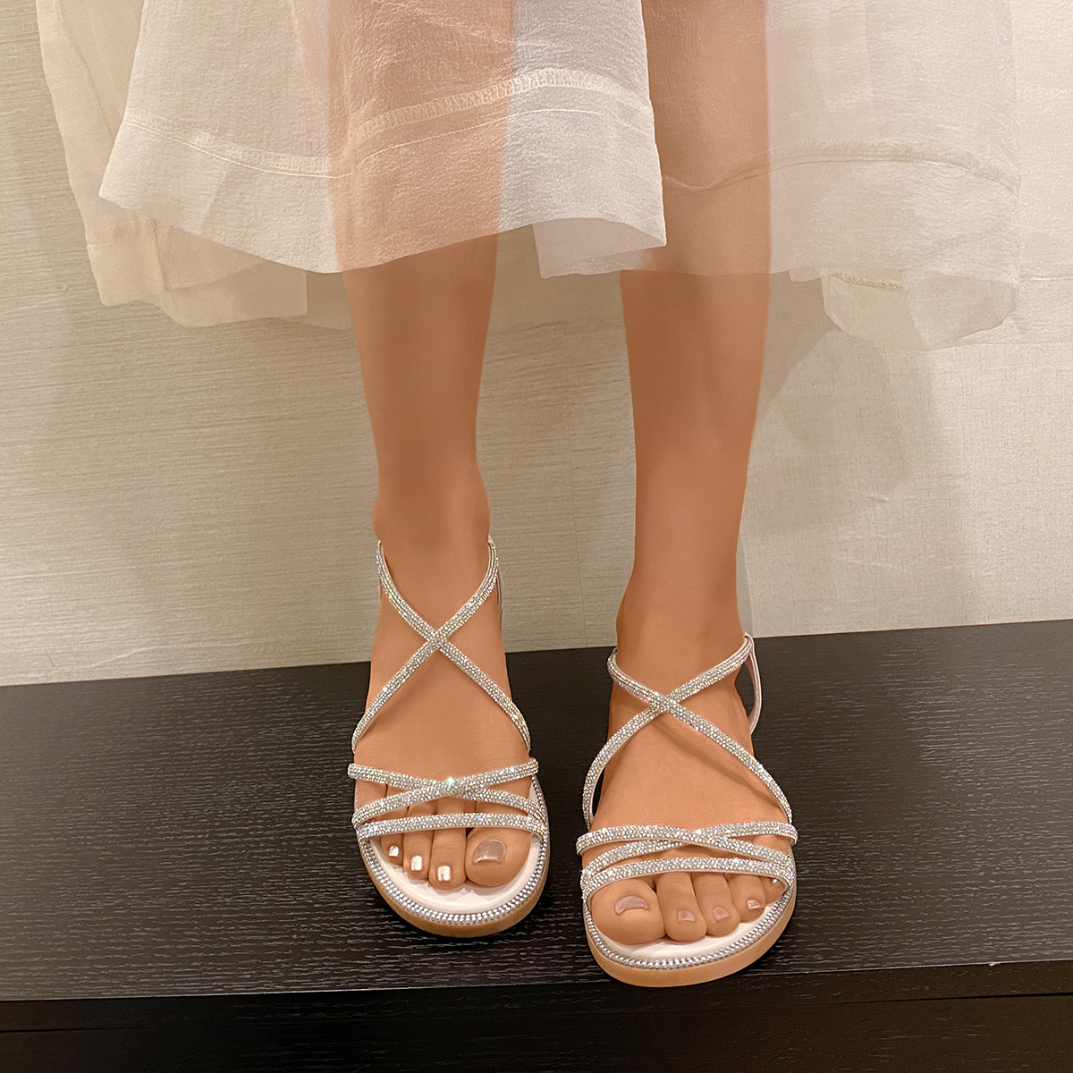 Anti Loop Rubber - Summer Women Flat Sandals Rhinestone Cross